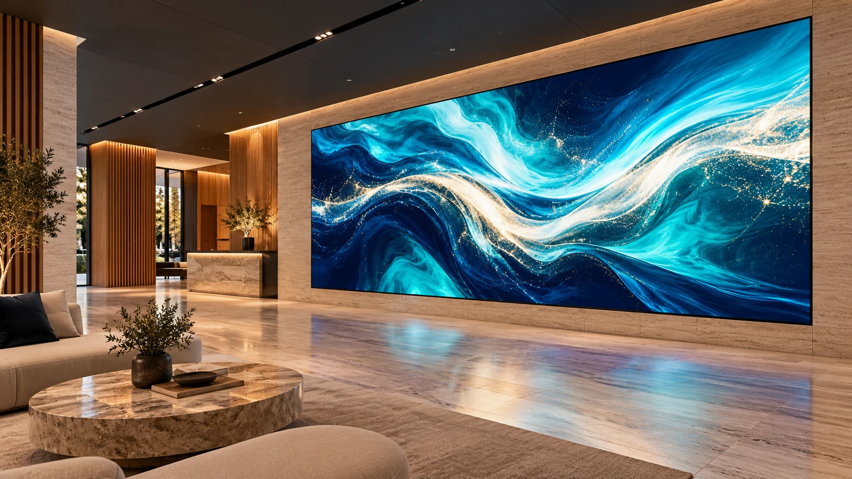 Visualización ilustrativa de una pantalla LED Uslim III en un espacio comercial
